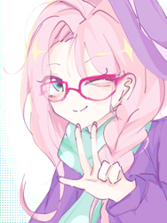 Size: 1080x1440 | Tagged: safe, artist:laiyiwanma82098, fluttershy, human, g4, alternate hairstyle, blushing, glasses, hat, hipstershy, humanized, looking at you, one eye closed, simple background, smiling, smiling at you, solo, three fingers, white background, wink