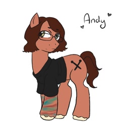 Size: 2000x2000 | Tagged: safe, artist:lastmidtownshowmp3, earth pony, pony, andy hurley, black shirt, brown mane, brown tail, clothes, fall out boy, floating heart, flying, glasses, hazel eyes, heart, looking sideways, name, ponified, shirt, simple background, solo, standing, t-shirt, tail, unshorn fetlocks, white background, white hooves