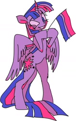 Size: 805x1285 | Tagged: safe, artist:eyerealm, twilight sparkle, alicorn, pony, g4, bilight sparkle, bipedal, bisexual pride flag, bisexuality, curved horn, female, headcanon, heterochromia, hoof hold, horn, mare, pride, pride flag, sexuality headcanon, simple background, solo, twilight sparkle (alicorn), white background