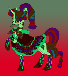 Size: 1983x2217 | Tagged: safe, artist:eyerealm, rarity, pony, unicorn, g4, alternate design, blushing, cape, clothes, coat markings, eyestrain warning, facial markings, female, gradient background, green background, hoof shoes, horn, long tongue, mare, ponytail, raised hoof, red background, simple background, socks, solo, star (coat marking), tongue out