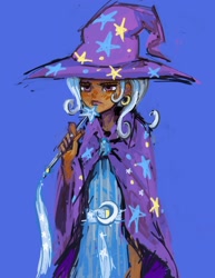 Size: 1512x1959 | Tagged: safe, artist:eyerealm, trixie, human, g4, blue background, cape, clothes, dark skin, ear piercing, earring, female, hat, humanized, jewelry, piercing, simple background, solo, trixie's cape, trixie's hat, wand