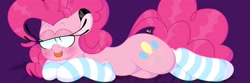 Size: 2560x853 | Tagged: safe, artist:sparjechkaa, pinkie pie, g4, body pillow, body pillow design, clothes, dakimakura cover, lidded eyes, old art, socks, solo, striped socks, tongue out