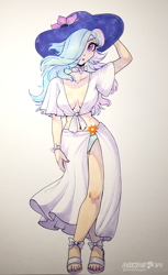 Size: 2268x3696 | Tagged: safe, artist:dandy, princess celestia, human, absolute cleavage, belly button, bikini, bikini bottom, bow, breasts, cleavage, clothes, copic, feet, female, flower, front knot midriff, hair over one eye, hat, humanized, looking at you, midriff, sarong, simple background, solo, sun hat, swimsuit, traditional art, white background