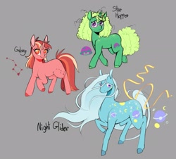 Size: 2043x1846 | Tagged: safe, artist:melodymelanchol, galaxy (g1), night glider, star hopper, earth pony, pony, g1, coat markings, constellation, dappled, female, freckles, glasses, gray background, mare, simple background, sogreatandpowerful, starry coat, trio