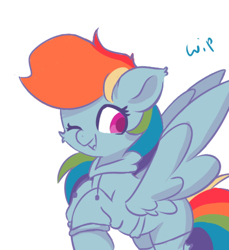 Size: 646x704 | Tagged: safe, artist:skylinepony_, rainbow dash, pegasus, pony, g4, clothes, cute, female, flying, looking at you, mare, one eye closed, simple background, smiling, solo, spread wings, white background, wings