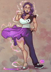 Size: 1074x1521 | Tagged: safe, artist:notzackforwork, rarity, human, g4, abstract background, big breasts, breasts, choker, cleavage, clothes, glasses, high heels, humanized, lipstick, male to female, mid-transformation, shoes, skirt, transformation, transgender transformation