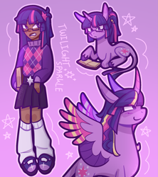 Size: 1819x2048 | Tagged: safe, artist:bab0i, twilight sparkle, alicorn, classical unicorn, human, pony, unicorn, g4, alternate hairstyle, belt, book, clothes, cloven hooves, dark skin, female, flats, glasses, gradient background, hairband, horn, humanized, leonine tail, mare, markings, open mouth, pencil, purple background, reading, redesign, shoes, skirt, socks, solo, sweater, twilight sparkle (alicorn), unicorn twilight, unshorn fetlocks