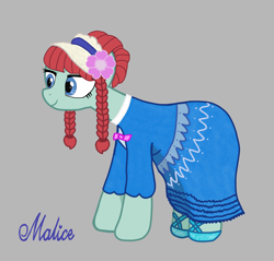 Size: 2300x2200 | Tagged: safe, artist:malice-may, oc, oc only, oc:maretha geldhorn, earth pony, pony, blue eyes, clothes, dress, earth pony oc, female, flower, flower in hair, freckles, gray background, green fur, hat, pathfinder, red hair, redhead, reporter, shoes, simple background, solo, solo female