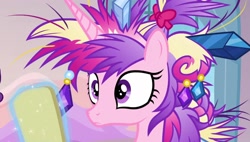 Size: 1920x1088 | Tagged: safe, screencap, princess cadance, alicorn, pony, g4, games ponies play, season 3, colored pupils, crystal empire, female, hairstyle, mare, messy mane, multicolored hair, multicolored mane, ruined, solo, wide eyes