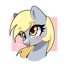 Size: 2037x1918 | Tagged: safe, artist:bizarre_pony, derpy hooves, pegasus, pony, g4, :p, abstract background, blushing, bust, cute, derpabetes, female, heart, mare, portrait, simple background, solo, tongue out, white background