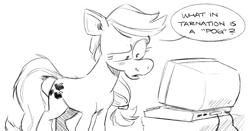 Size: 1019x535 | Tagged: safe, artist:mellodillo, applejack, earth pony, pony, computer, female, mare, simple background, sketch, solo, speech bubble, text, white background