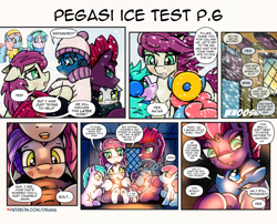 Size: 3508x2834 | Tagged: safe, artist:dsana, fizzlepop berrytwist, tempest shadow, oc, oc:blue candy, oc:bolt thundercloud, oc:lullaby dusk, oc:minty mint, oc:thistledown, earth pony, pegasus, pony, unicorn, comic:a storm's lullaby, g4, adopted, adopted daughter, beanie hat, blanket, blanket burrito, clothes, colt, earmuffs, female, filly, foal, heterochromia, horn, indoors, male, mare, mother and child, mother and daughter, snow, snowfall, winter outfit