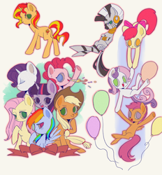 Size: 1966x2120 | Tagged: safe, artist:nimingxiwang168, apple bloom, applejack, fluttershy, pinkie pie, rainbow dash, rarity, scootaloo, sunset shimmer, sweetie belle, twilight sparkle, zecora, earth pony, pegasus, pony, unicorn, zebra, balloon, cutie mark crusaders, female, filly, foal, horn, mane six, mare, simple background, white background