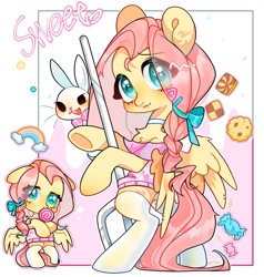 Size: 1369x1440 | Tagged: safe, artist:modidechaojifensi, angel bunny, fluttershy, pegasus, pony, rabbit, g4, :3, abstract background, alternate hairstyle, animal, bipedal, blushing, bowtie, candy, clothes, cookie, eye clipping through hair, female, food, lollipop, mare, shirt, socks, text