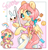 Size: 1369x1440 | Tagged: safe, artist:modidechaojifensi, angel bunny, fluttershy, pegasus, pony, rabbit, :3, abstract background, alternate hairstyle, animal, bipedal, blushing, bowtie, candy, clothes, cookie, eye clipping through hair, female, food, lollipop, mare, shirt, socks, text