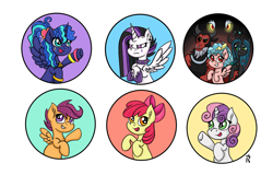 Size: 3000x1920 | Tagged: safe, artist:dawn-designs-art, apple bloom, cozy glow, grogar, lord tirek, princess celestia, princess luna, queen chrysalis, scootaloo, sweetie belle, alicorn, changeling, changeling queen, earth pony, pegasus, pony, unicorn, taur, badge, collar, cutie mark crusaders, female, filly, foal, horn, mare, punklestia, simple background, spiked collar, white background