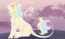 Size: 2000x1200 | Tagged: safe, artist:acry-artwork, oc, oc only, oc:acry, oc:acry weaver, original species, pony, unicorn, cloud, cloven hooves, curved horn, grass, horn, sitting, solo