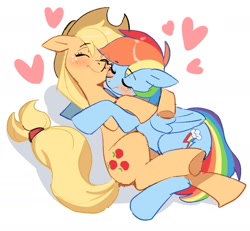 Size: 1821x1684 | Tagged: safe, artist:hutomayuu, applejack, rainbow dash, earth pony, pegasus, pony, g4, applejack's hat, blushing, cowboy hat, cute, duo, duo female, eyebrows, eyebrows visible through hair, eyes closed, female, folded wings, hat, heart, hug, lesbian, mare, shadow, ship:appledash, shipping, simple background, smiling, white background, wings