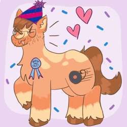 Size: 1920x1920 | Tagged: safe, artist:clandestine, derpibooru exclusive, earth pony, pony, animated, badge, beard, birthday, blaze (coat marking), brown hooves, brown mane, brown tail, coat markings, colored pinnae, confetti, emanata, eyes closed, facial hair, facial markings, fall out boy, floating heart, gif, glasses, hat, heart, hoofy-kicks, open mouth, open smile, orange coat, party hat, patrick stump, ponified, purple background, ribbon, simple background, smiling, solo, spots, stimming, stubble, tail, unshorn fetlocks
