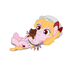 Size: 2377x2318 | Tagged: safe, artist:fish_meow, pony, female, filly, flandre scarlet, foal, hat, plushie, ponified, teddy bear, touhou
