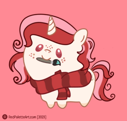 Size: 2000x1901 | Tagged: safe, artist:redpalette, oc, oc only, oc:red palette, pony, unicorn, chibi, clothes, cute, digital art, female, freckles, horn, mare, mouth hold, paintbrush, pink background, red eyes, red mane, scarf, simple background, smiling, solo, striped scarf, unicorn oc