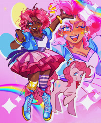Size: 1691x2048 | Tagged: safe, artist:sleepparaclownsis, pinkie pie, earth pony, human, pony, g4, :p, alternate hairstyle, bandaid, blushing, boots, bracelet, clothes, cute, dark skin, diapinkes, female, humanized, jewelry, mare, mismatched socks, one eye closed, open mouth, pink background, self paradox, self ponidox, shirt, shoes, simple background, skirt, socks, solo, sticker, striped socks, tongue out, vest, wink