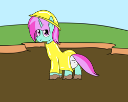 Size: 2000x1600 | Tagged: safe, artist:amateur-draw, oc, oc only, oc:belle boue, pony, unicorn, clothes, diaper, diaper fetish, fetish, hat, horn, looking back, male, mud, pvc, raincoat, solo, stallion, wet and messy