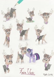 Size: 1203x1702 | Tagged: safe, artist:opti, twilight sparkle, oc, oc:fair use, alicorn, deer, deer pony, hybrid, original species, pony, unideer, g4, antlers, boop, cloven hooves, deer oc, drawing, glasses, looking up, necktie, non-pony oc, pencil, sitting, sketch, traditional art, twilight sparkle (alicorn)