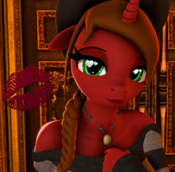 Size: 777x761 | Tagged: safe, artist:alcohors, oc, oc only, oc:essy ferguson, unicorn, anthro, 3d, clothes, female, hat, horn, kiss mark, lipstick, mare, solo, sweater