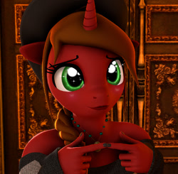 Size: 777x761 | Tagged: safe, artist:alcohors, oc, oc only, oc:essy ferguson, unicorn, anthro, 3d, brown mane, clothes, female, fingers together, green eyes, hat, horn, is for me, mare, red coat, solo, starry eyes, sweater, wingding eyes