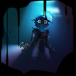 Size: 2100x2100 | Tagged: safe, artist:deafjaeger, oc, oc only, oc:toothy horizon, dragon, hybrid, anthro, armor, bipedal, blood, dead space, ears back, flashlight (object), looking at you, plasma cutter, scared, solo, surprised
