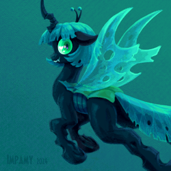 Size: 1000x1000 | Tagged: safe, artist:impamy, oc, oc only, oc:changeling filly anon, changeling, changeling queen, changeling oc, changeling queen oc, dithering, fangs, female, flying, gradient background, horn, insect wings, looking at you, looking back, mare, slit pupils, smiling, smiling at you, solo, tail, teeth, wings