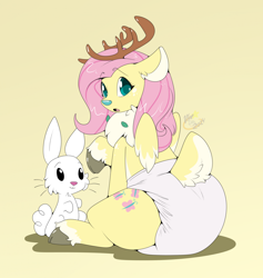 Size: 1868x1972 | Tagged: safe, artist:maynara, angel bunny, fluttershy, deer, rabbit, reindeer, g4, animal, antlers, butt, butt focus, chest fluff, cloven hooves, deerified, diaper, diaper butt, diaper fetish, ear fluff, female, fetish, gradient background, looking back, mare, non-baby in diaper, poofy diaper, raised hoof, rear view, reindeer antlers, reindeerified, sitting, solo, species swap, tail, tail fluff, unshorn fetlocks, yellow background