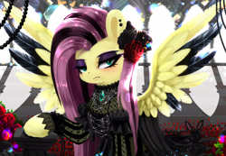 Size: 2600x1800 | Tagged: safe, artist:darksly, angel bunny, fluttershy, pegasus, pony, architecture, brooch, cathedral, clothes, colored wings, complex background, dress, dyed hair, ear piercing, eye lashes, eyeliner, eyeshadow, flower, flower in hair, fluttergoth, frown, gothic, green eyes, highlights, jewelry, lace, lidded eyes, light source, makeup, mesh, piercing, purple eyeshadow, raised hoof, sneer, solo, spread wings, two toned mane, two toned wings, wings