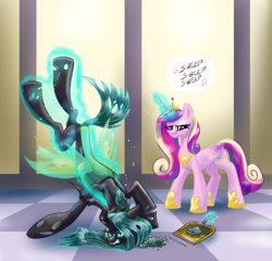 Size: 4960x4768 | Tagged: safe, artist:lytlethelemur, princess cadance, queen chrysalis, alicorn, changeling, changeling queen, pony, g4, abuse, butt, chrysabuse, concave belly, duo, dustpan, featureless crotch, female, lanky, magic, mare, physique difference, plot, punish the villain, queen chrysalis is not amused, skinny, slender, sweeping, sweepsweepsweep, tall, telekinesis, thin, unamused