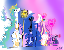 Size: 1424x1124 | Tagged: safe, artist:11dbh, princess celestia, princess luna, twilight sparkle, reptile, snake, alternate universe, blue eyes, brooch, cloak, cloaked, clothes, cutie mark on clothes, gradient background, jewelry, mottled coat, multiple limbs, purple eyes, redesign, scales, size chart, size comparison, size difference, skink, staff, two toned coat