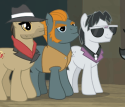 Size: 656x561 | Tagged: safe, screencap, biff, rogue (g4), withers, earth pony, pony, daring doubt, animated, clothes, hat, henchmen, male, nodding, stallion, sunglasses, trio