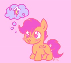 Size: 2600x2300 | Tagged: safe, artist:feralkittyclawz, scootaloo, pegasus, pony, g4, blushing, female, filly, foal, folded wings, implied rainbow dash, pink background, rainbow dash's cutie mark, simple background, solo, tail, thinking, thought bubble, tongue out, wings