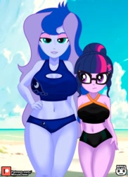 Size: 728x1000 | Tagged: safe, alternate version, artist:minusclass, princess luna, sci-twi, twilight sparkle, vice principal luna, human, equestria girls, g4, 2d, bangs, beach, belly button, big breasts, bikini, bikini bottom, bikini top, boob window, breasts, busty princess luna, busty sci-twi, busty twilight sparkle, cleavage, clothes, cloud, duo, duo female, eyeshadow, female, glasses, hair bun, hairclip, hand on hip, height difference, legs, legs together, lipstick, makeup, midriff, ocean, outdoors, patreon, patreon logo, sand, sideburns, sky, sleeveless, smiling, swimsuit, thighs, water, wide hips