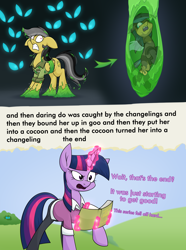 Size: 3000x4024 | Tagged: safe, artist:moonatik, daring do, twilight sparkle, changeling, pegasus, pony, unicorn, g4, bondage, bound wings, changeling eyes, changeling slime, changelingified, clothes, cocoon, gritted teeth, one eye closed, open mouth, pants, shirt, shrunken pupils, species swap, sweater, teeth, text, transformation, unicorn twilight, wings