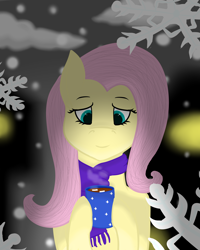 Size: 4000x5000 | Tagged: safe, artist:windy, fluttershy, pegasus, pony, chocolate, clothes, cute, food, holding, hot chocolate, looking down, marshmallow, night, scarf, snow, snowfall, snowflake, solo, winter