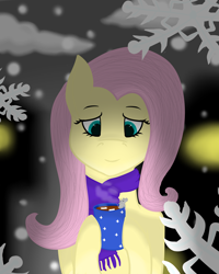 Size: 4000x5000 | Tagged: safe, artist:windy, fluttershy, mouse, pegasus, pony, chocolate, clothes, cute, food, holding, hot chocolate, looking down, marshmallow, night, scarf, snow, snowfall, snowflake, solo, winter