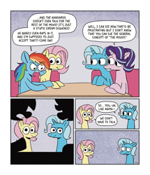 Size: 1102x1280 | Tagged: safe, artist:horsewizardart, fluttershy, rainbow dash, starlight glimmer, trixie, pegasus, pony, unicorn, g4, argument, awkward, awkward moment, bags under eyes, colored, crossed hooves, double date, eye clipping through hair, eyebrows, eyebrows visible through hair, eyelashes, false advertising, female, flat colors, folded wings, frown, funny, halftone, horn, implied lawsuit, indoors, kangaroo jack, lesbian, looking at each other, looking at someone, mare, open mouth, raised hoof, rant, ship:flutterdash, ship:startrix, shipping, signature, sitting, smiling, speech bubble, talking, text, wings