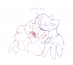 Size: 2368x2122 | Tagged: safe, artist:mirtash, pinkie pie, twilight sparkle, alicorn, earth pony, pony, g4, big ears, big eyes, blushing, comfort, comforting, curly mane, ear fluff, eyes closed, female, floating heart, heart, height difference, horn, hug, lesbian, limited palette, looking up, mare, profile, purple text, raised hooves, ship:twinkie, shipping, simple background, smiling, sparkly eyes, starry eyes, straight mane, text, twilight sparkle (alicorn), unicorn horn, white background, wing fluff, wingding eyes, winghug, wings