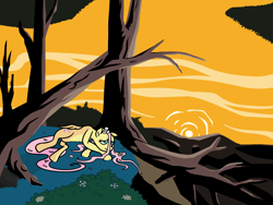 Size: 3200x2400 | Tagged: safe, artist:mafon, fluttershy, pegasus, pony, g4, female, forest, lying down, mare, nature, prone, solo, sunset, tree