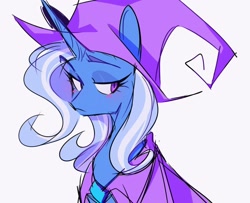 Size: 1280x1041 | Tagged: artist needed, safe, trixie, pony, unicorn, blue coat, blushing, eyebrows, eyebrows visible through hair, horn, simple background, solo