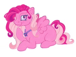 Size: 1337x1001 | Tagged: safe, artist:partyponypower, hidden treasure, pegasus, pony, g3, curly mane, curly tail, eyelashes, female, jewelry, long mane, long tail, looking back, lying down, mare, missing cutie mark, necklace, pink coat, pink eyes, pink mane, pink tail, profile, prone, raised hoof, simple background, small wings, smiling, spread wings, starry eyes, tail, two toned mane, two toned tail, white background, wingding eyes, wings