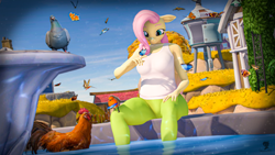 Size: 3840x2160 | Tagged: safe, artist:silkworm205, part of a set, fluttershy, bird, butterfly, chicken, pegasus, pigeon, anthro, series:silkworm205's weekly artwork 2024, g4, 3d, belly button, breasts, clothes, colored eyebrows, colored wings, colored wingtips, ear fluff, female, floppy ears, fluffy mane, fluttershy day, fountain, outdoors, pants, revamped anthros, robin, sitting, small breasts, solo, source filmmaker, sweatpants, tank top, water, wings