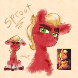 Size: 1916x1908 | Tagged: safe, artist:soniana_draws, sprout cloverleaf, earth pony, g5, bust, cute, emperor sprout, flower, flower in hair, male, malewife, portrait, solo, sproutbetes, stallion, unshorn fetlocks
