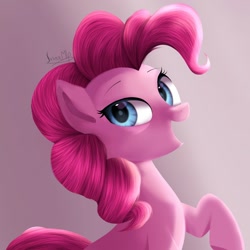 Size: 1600x1600 | Tagged: safe, artist:jxxnxmlp, pinkie pie, earth pony, pony, g4, female, gradient background, mare, open mouth, open smile, pink background, signature, smiling, solo